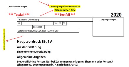 Eine elektronisch übermittelte Einkommensteuererklärung (Est 1A) anhand eines Testfalles. Ordnungsbegriff, Telenummer und Transfernummer sind gelb markiert.