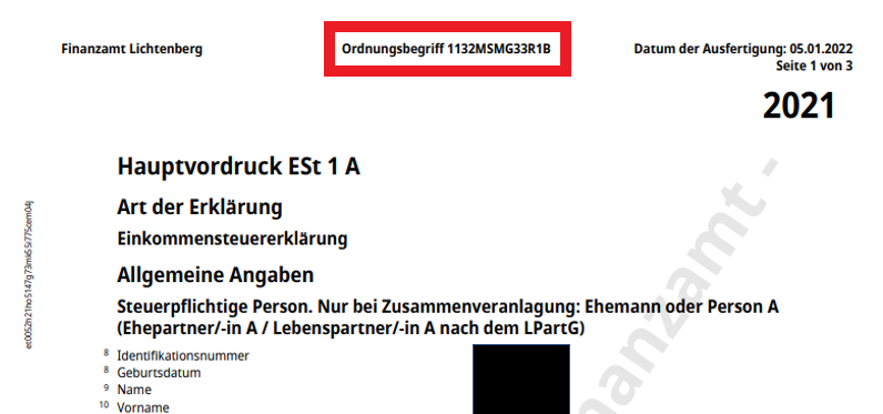 Ausschnitt einer elektronisch übermittelten Einkommensteuererklärung (Testfall). Der Ordnungsbegriff ist rot umrandet.