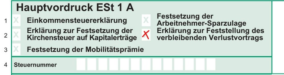 Hauptvordruck ESt 1 A: Erklärung zur Feststellung des verbleibenden Verlustvortrags